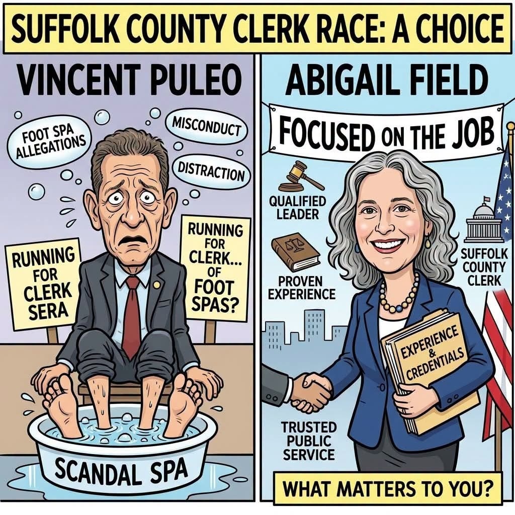 Suffolk County Clerk Race: A Choice — editorial cartoon comparing Vincent Puleo and Abigail Field