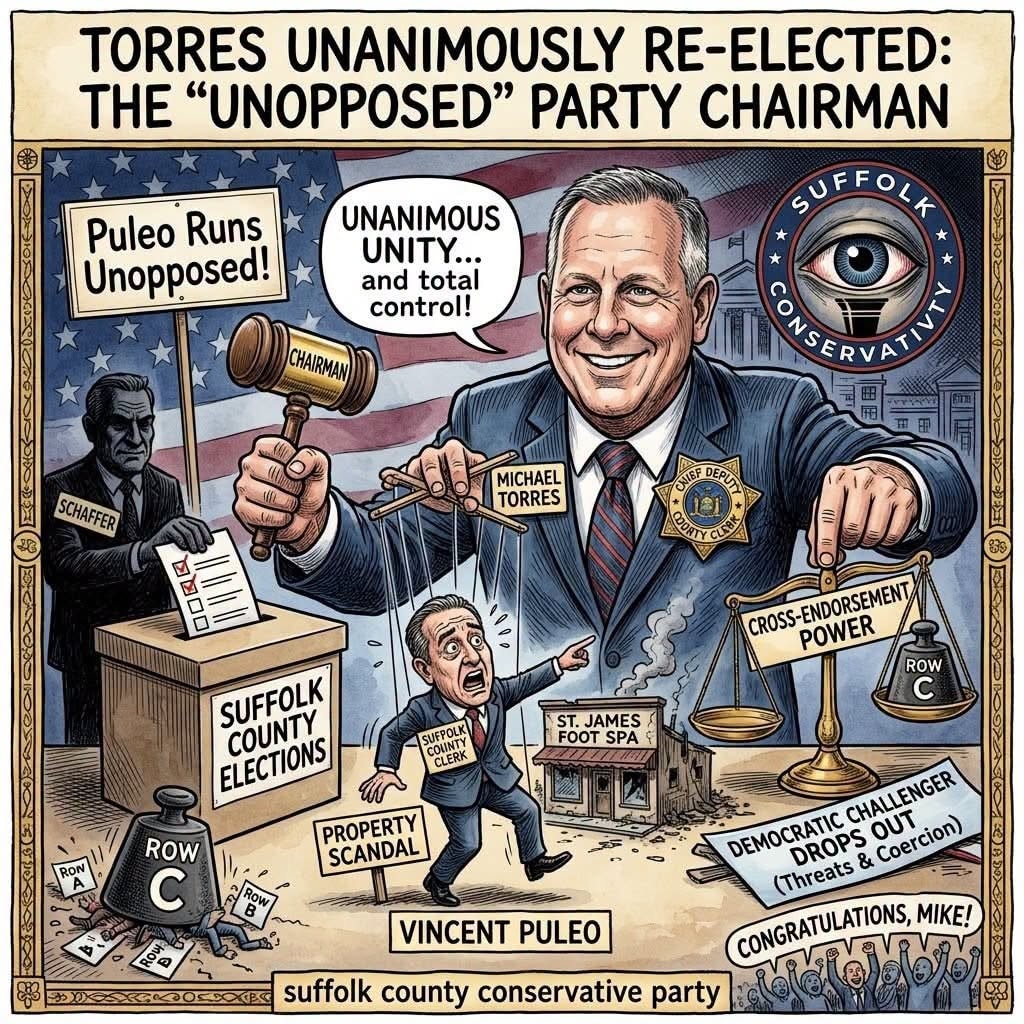Torres Unanimously Re-Elected: The Unopposed Party Chairman — editorial cartoon about Suffolk County Conservative Party