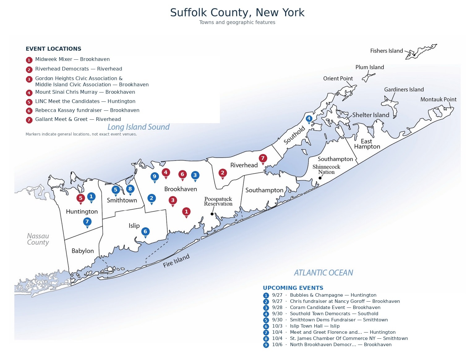 Map of Suffolk County, New York showing campaign event locations